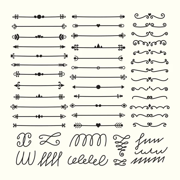 Linhas, fronteiras e divisores. Elementos de design caligráfico desenhados à mão. Conjunto de símbolos decorativos no estilo doodle — Vetor de Stock