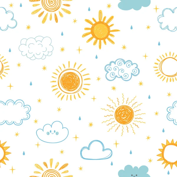 Seamless pattern with hand drawn clouds, stars, drops and sun. Doodle, sketch. Cute background for kids — Stock Vector