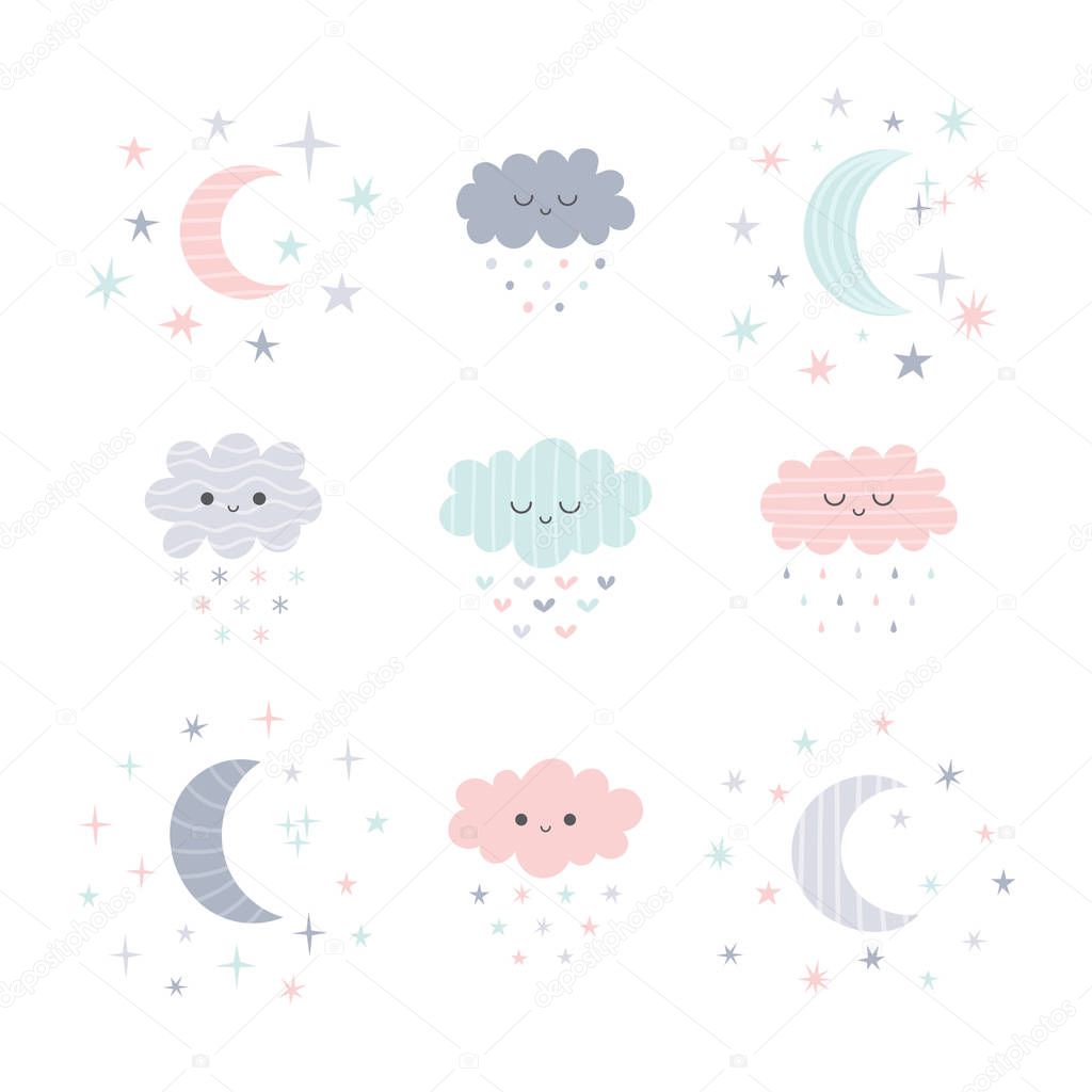 Cute hand drawn smiling clouds and moon with stars. Funny weather theme