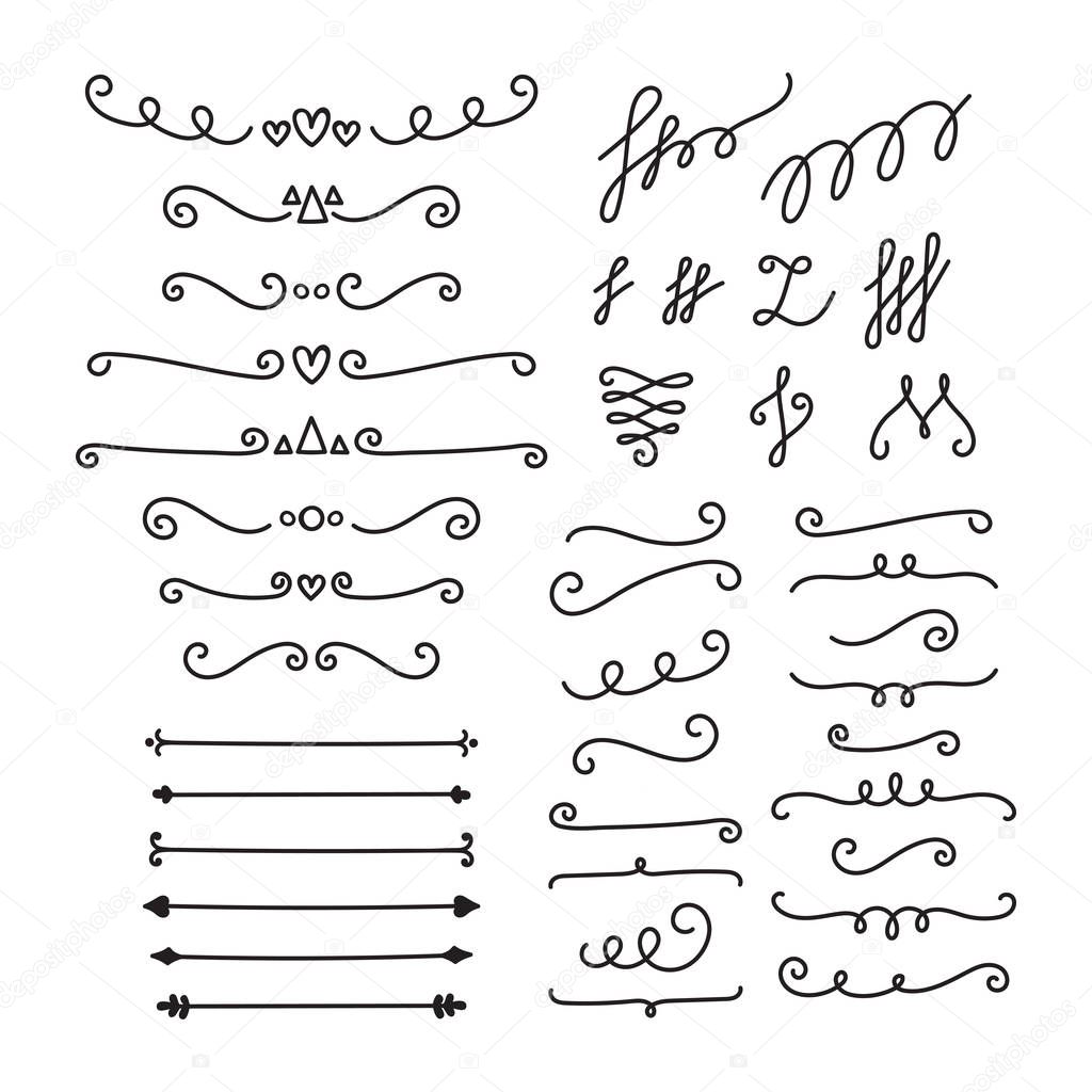 Hand drawn calligraphic design elements. Set of decorative symbols in doodle style. Lines, borders and dividers