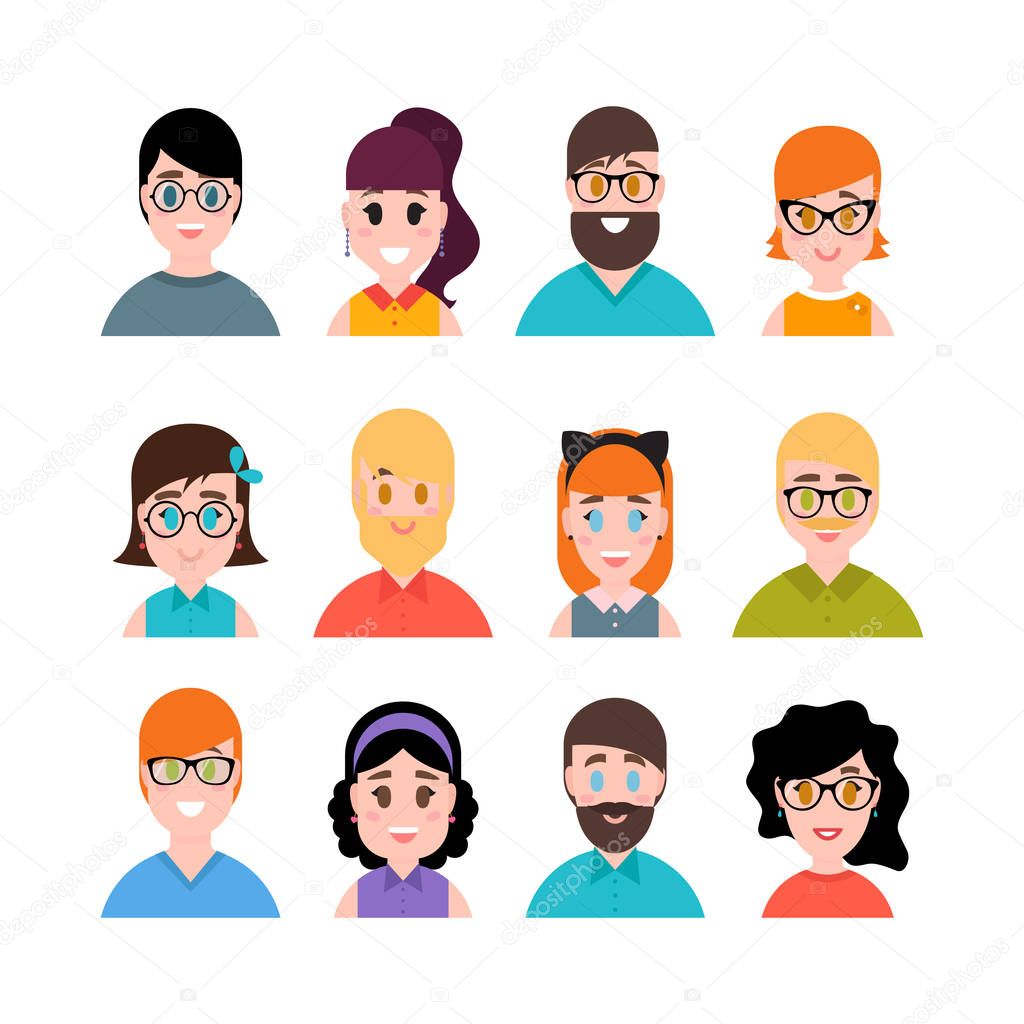 People avatars collection. Male and female portraits. Men, boys, girls and women characters. Simple flat cartoon style