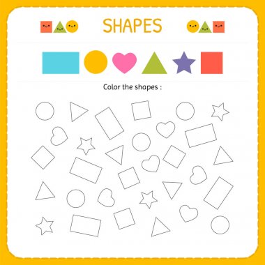 Birden çok şekil boyama. Şekil ve geometrik figürler öğrenin. Motor becerileri uygulamak için okul öncesi veya anaokulu çalışma sayfası