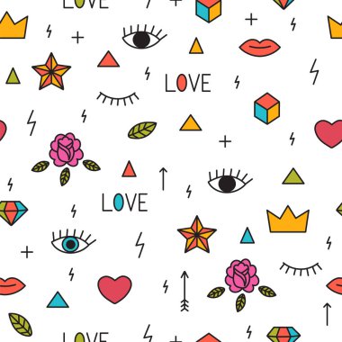 Gözler, dudaklar, kalpleri ve diğer geometrik öğeleri ile Seamless Modeli doodle. Modern elle çizilmiş arka plan. Memphis tarzı. Dövme
