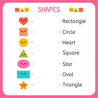 Her bir şekil açıklamasına bağlayan bir çizgi çizin. Şekil ve geometrik figürler öğrenin. Motor becerileri uygulamak için okul öncesi veya anaokulu çalışma sayfası