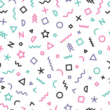 Memphis geometrik şekiller ile seamless modeli. Davetiye kartı, poster ya da kumaş kapak için trendy moda arka plan