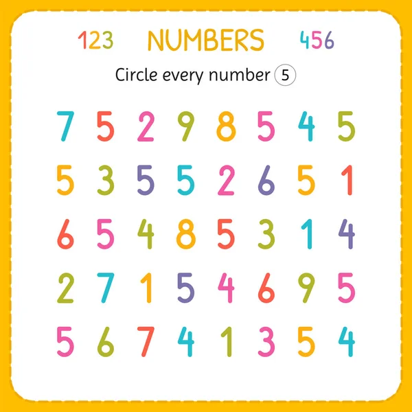 Circle every number Five. Numbers for kids. Worksheet for kindergarten and preschool. Training to write and count numbers. Exercises for children — Stock Vector