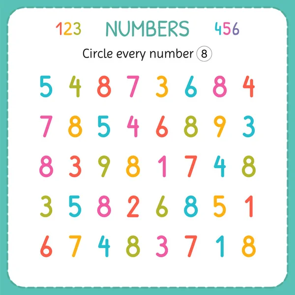 Circle every number Eight. Numbers for kids. Worksheet for kindergarten and preschool. Training to write and count numbers. Exercises for children — Stock Vector