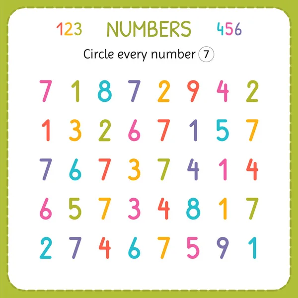 Circle every number Seven. Numbers for kids. Worksheet for kindergarten and preschool. Training to write and count numbers. Exercises for children — Stock Vector