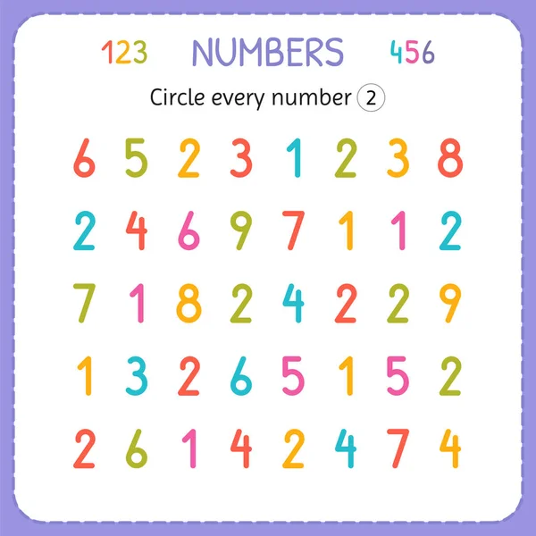 Circle every number Two. Numbers for kids. Worksheet for kindergarten and preschool. Training to write and count numbers. Exercises for children — Stock Vector