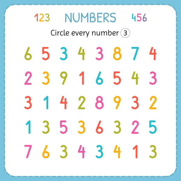 Circle every number Three. Numbers for kids. Worksheet for kindergarten and preschool. Training to write and count numbers. Exercises for children — Stock Vector