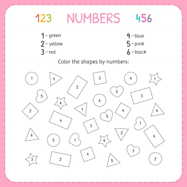 Color the shapes by numbers. Worksheet for kindergarten and preschool. Training to write and count numbers. Exercises for children — Stock Vector