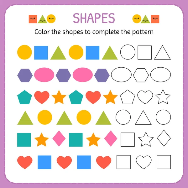 Colorea las formas para completar el patrón. Aprende formas y figuras geométricas. Hoja de trabajo preescolar o de jardín de infantes — Vector de stock