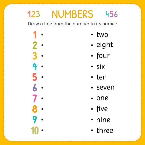 Draw a line from the number to its name. Numbers for kids. Worksheet for kindergarten and preschool. Training to write and count numbers. Exercises for children — Stock Vector