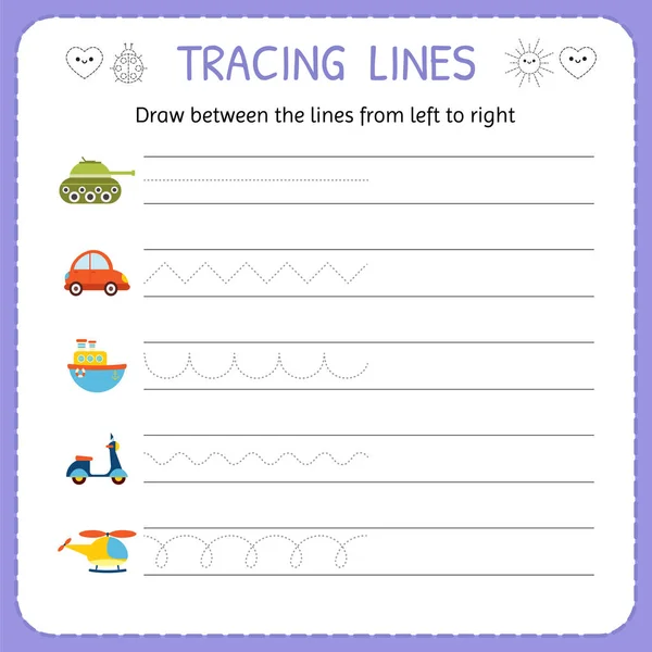 Draw between the lines from left to right. Preschool, kindergarten worksheet for practicing motor skills. Basic writing — Stock Vector