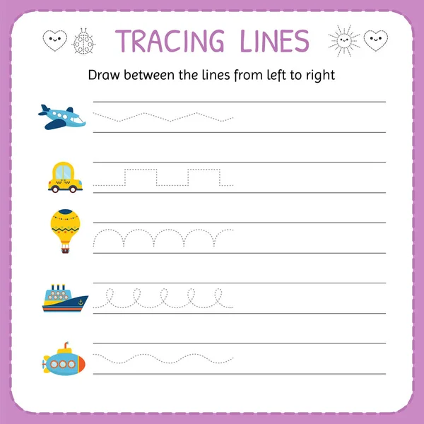 Draw between the lines from left to right. Preschool, kindergarten worksheet for practicing motor skills. Trace line worksheet for kids — Stock Vector