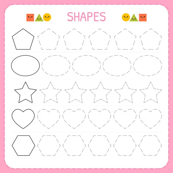 Aprende formas y figuras geométricas. Hoja de trabajo preescolar o de jardín de infantes para practicar habilidades motoras. Rastreo de líneas discontinuas para niños — Vector de stock