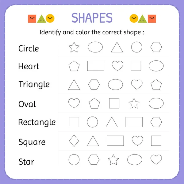 Identificar y colorear la forma correcta. Aprende formas y figuras geométricas. Hoja de trabajo preescolar o de jardín de infantes — Vector de stock