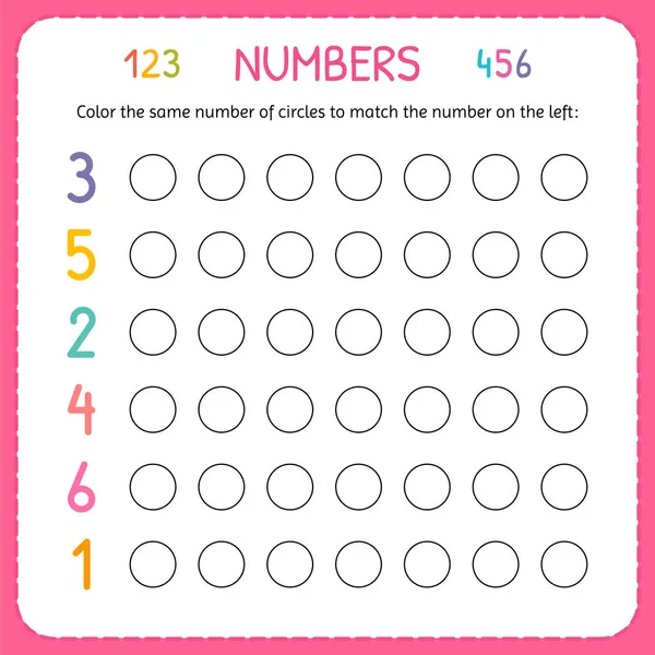 Numbers for kids. Worksheet for kindergarten and preschool. Training to write and count numbers. Coloring exercises for children — Stock Vector