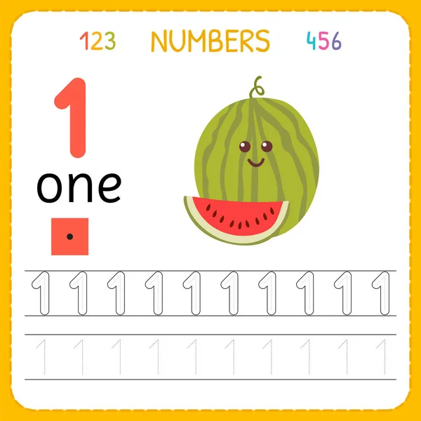 Numbers tracing worksheet for preschool and kindergarten. Writing number One. Exercises for kids. Mathematics games — Stock Vector
