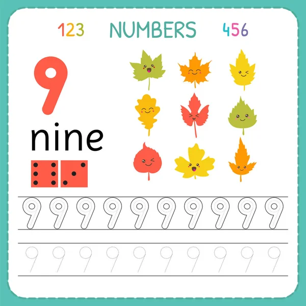 Numbers tracing worksheet for preschool and kindergarten. Writing number Nine. Exercises for kids. Mathematics games — Stock Vector