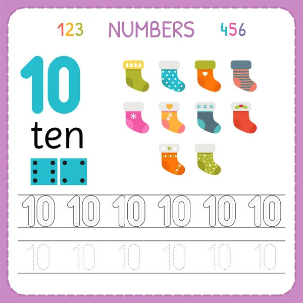 Numbers tracing worksheet for preschool and kindergarten. Writing number Ten. Exercises for kids. Mathematics games — Stock Vector