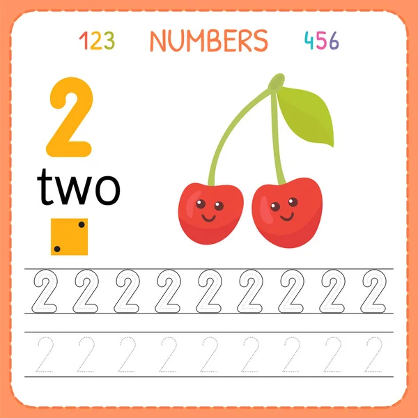 Numbers tracing worksheet for preschool and kindergarten. Writing number Two. Exercises for kids. Mathematics games — Stock Vector