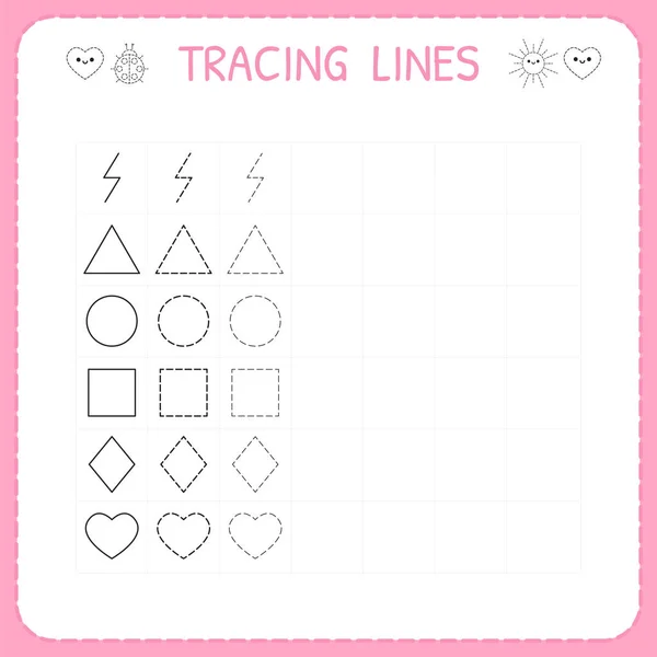 Trace line worksheet for kids. Working pages for children. Preschool or kindergarten worksheet. Basic writing. Trace the pattern — Stock Vector