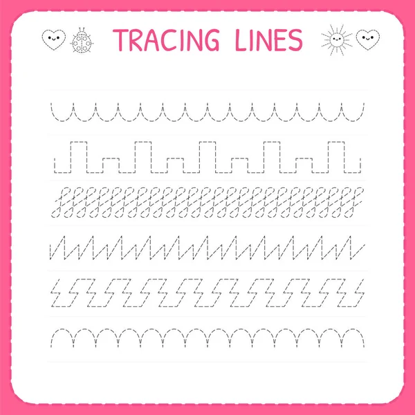 Spåra linje kalkylblad för barn. Spåra mönster. Fungerande sidor för barn. Förskola eller dagis kalkylblad. Grundläggande skrivande — Stock vektor