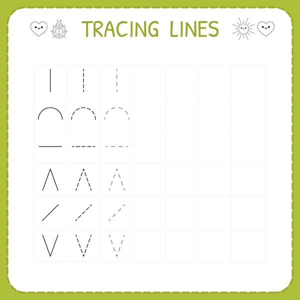 Trace line worksheet for kids. Working pages for children. Preschool or kindergarten worksheet. Trace the pattern. Basic writing — Stock Vector