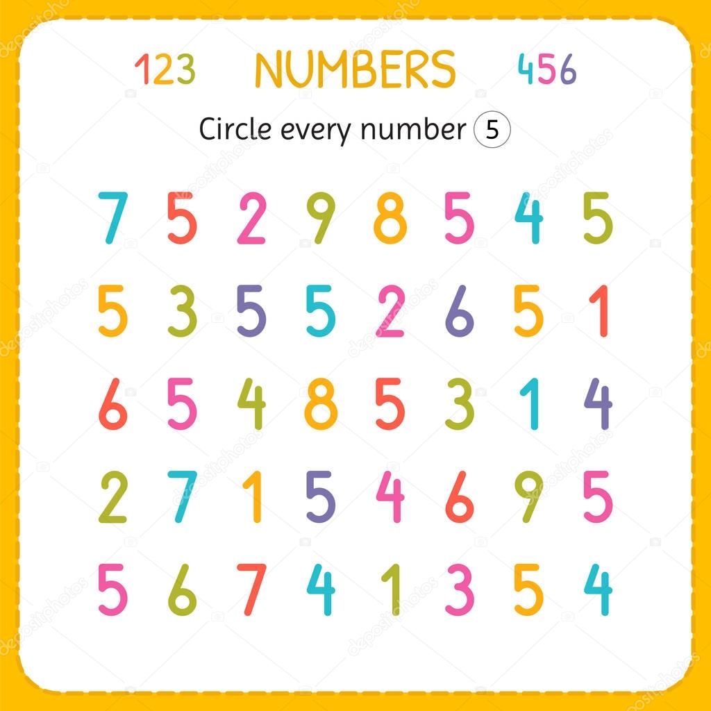 Circle every number Five. Numbers for kids. Worksheet for kindergarten and preschool. Training to write and count numbers. Exercises for children
