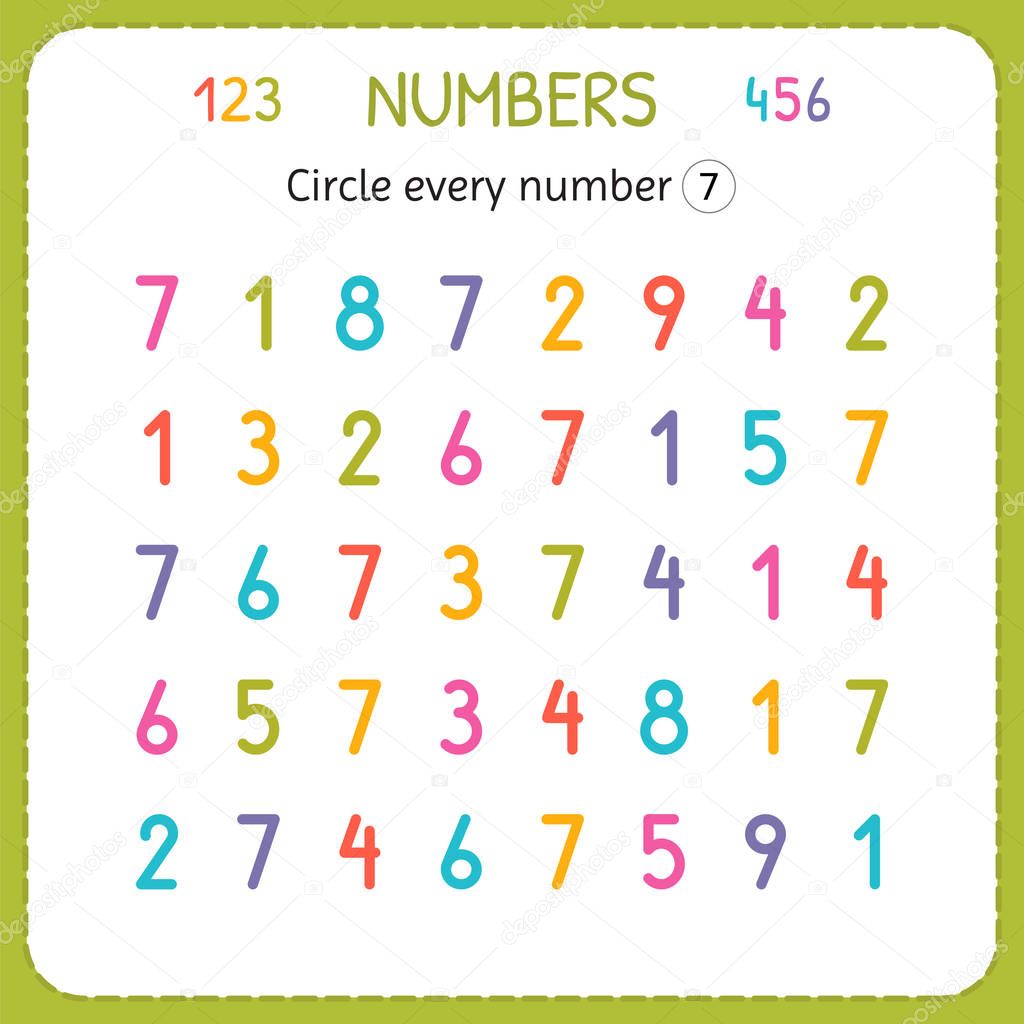 Circle every number Seven. Numbers for kids. Worksheet for kindergarten and preschool. Training to write and count numbers. Exercises for children