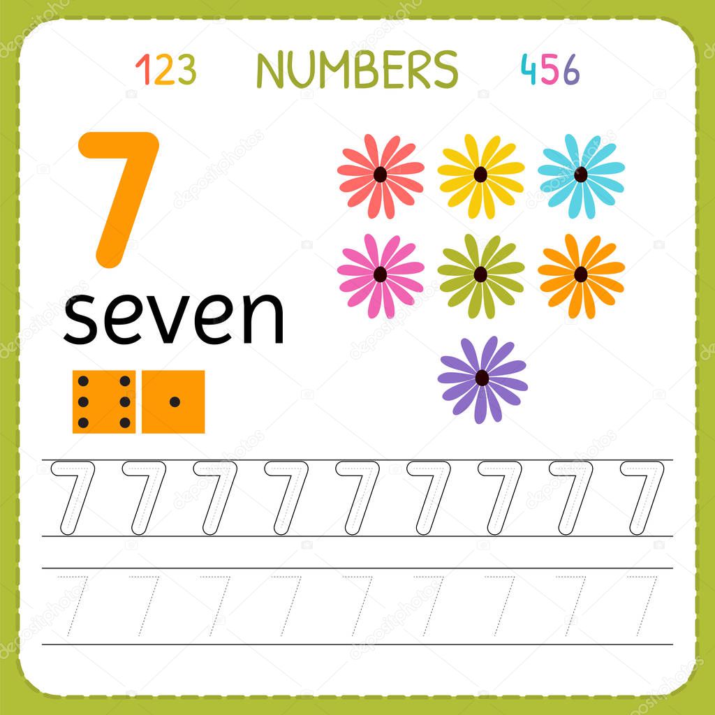 Numbers tracing worksheet for preschool and kindergarten. Writing number Seven. Exercises for kids. Mathematics games