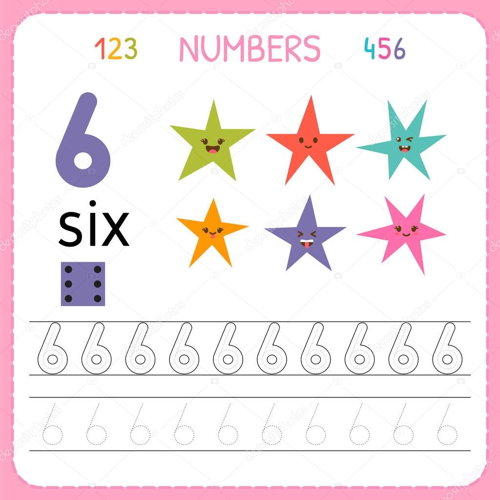 Numbers tracing worksheet for preschool and kindergarten. Writing number Six. Exercises for kids. Mathematics games
