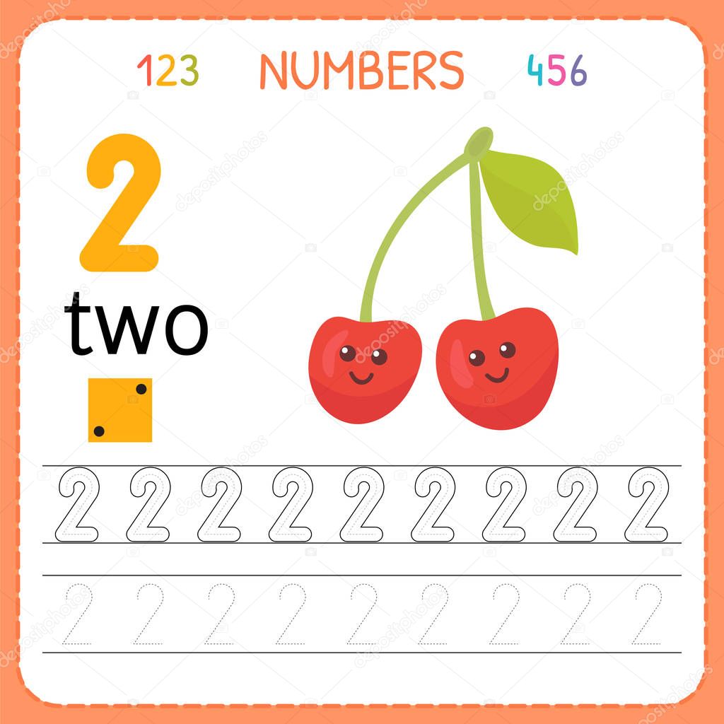 Numbers tracing worksheet for preschool and kindergarten. Writing number Two. Exercises for kids. Mathematics games