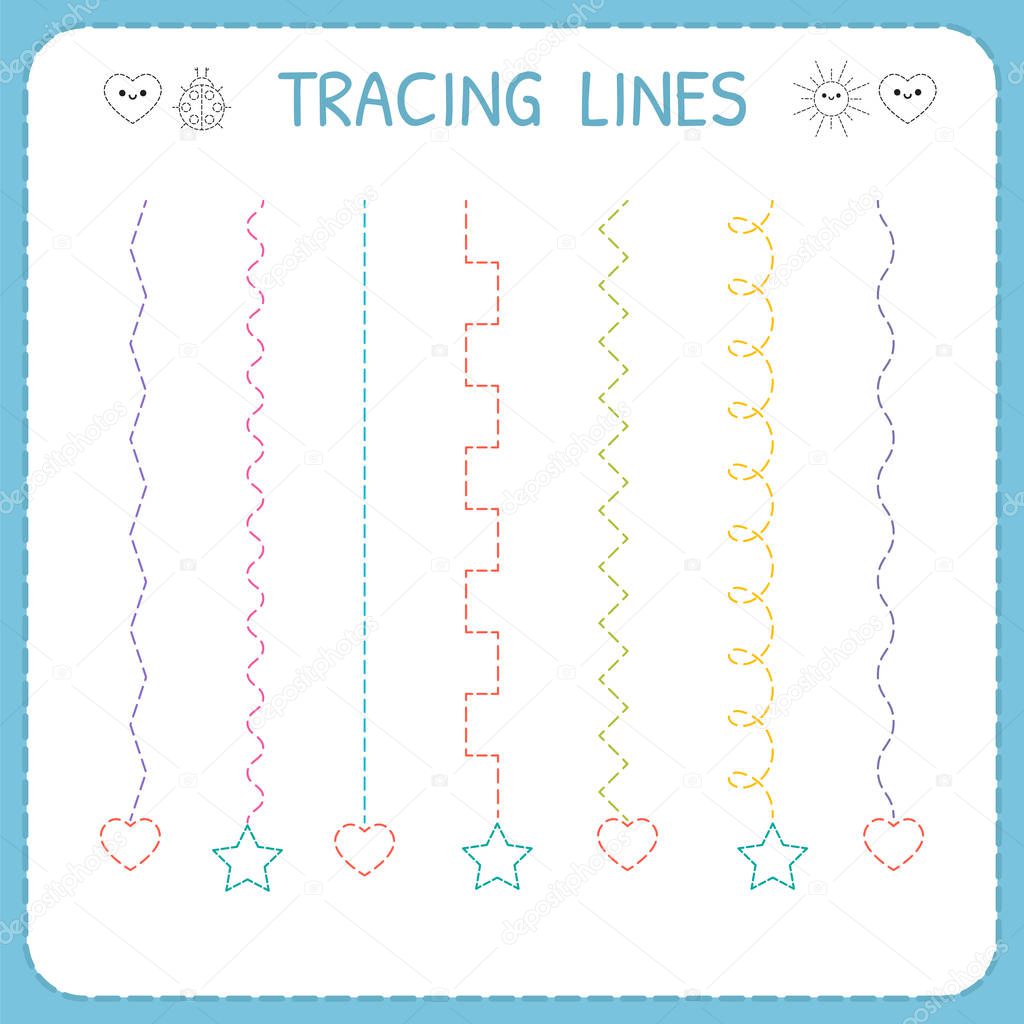 Trace line worksheet for kids. Working pages for children. Preschool or kindergarten worksheet. Basic writing