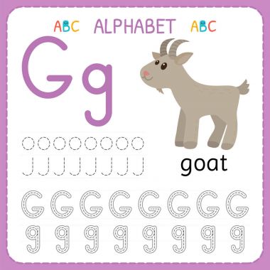 Okul öncesi ve Çocuk Yuvası Kreşler için alfabe izleme çalışma sayfası. Uygulama mektup G. egzersizleri çocuklar için yazma