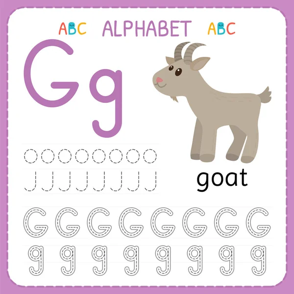 Alphabet tracing worksheet for preschool and kindergarten. Writing practice letter G. Exercises for kids — Stock Vector
