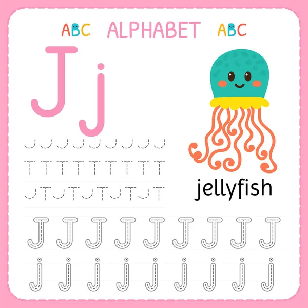 Alphabet tracing worksheet for preschool and kindergarten. Writing practice letter J. Exercises for kids — Stock Vector