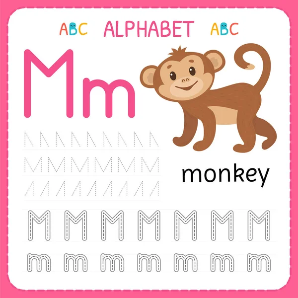 Alphabet tracing worksheet for preschool and kindergarten. Writing practice letter M. Exercises for kids — Stock Vector