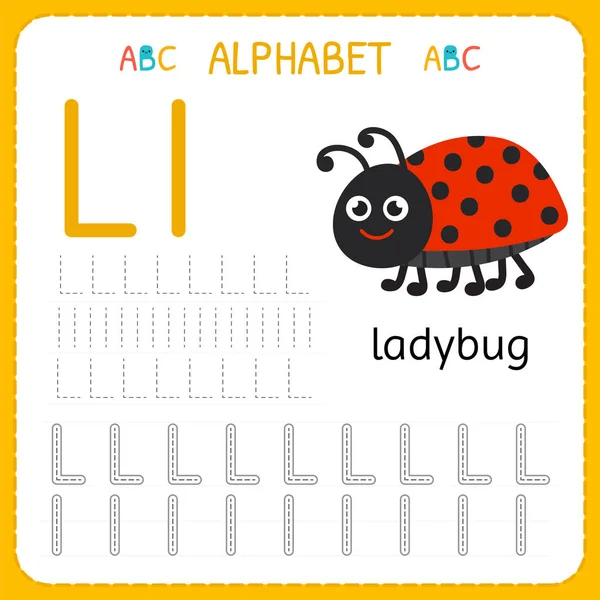 Alphabet tracing worksheet for preschool and kindergarten. Writing practice letter L. Exercises for kids — Stock Vector