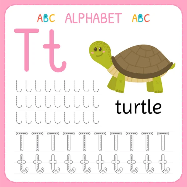 Alphabet tracing worksheet for preschool and kindergarten. Writing practice letter T. Exercises for kids — Stock Vector