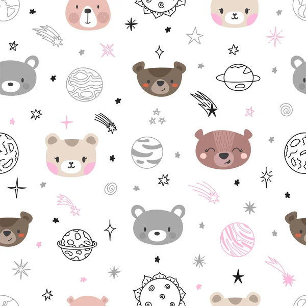 Söt utrymme sömlösa mönster med tecknad björnar. Abstrakt print. Handritad plantskola bakgrund med roliga djur för barn — Stock vektor