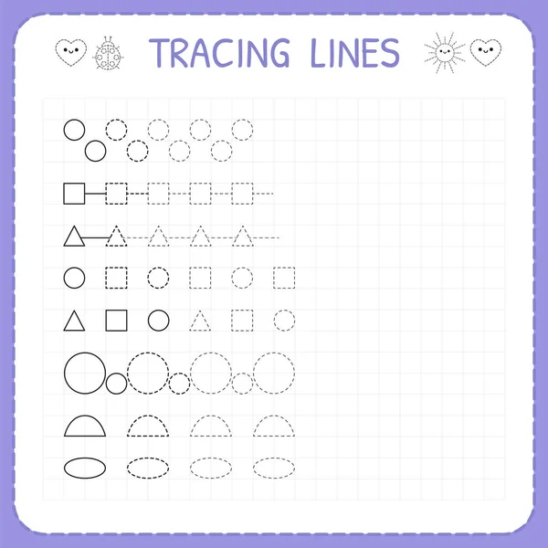 Tracing lines. Worksheet for kids. Working pages for children. Trace the pattern. Basic writing. Preschool or kindergarten worksheets — Stock Vector