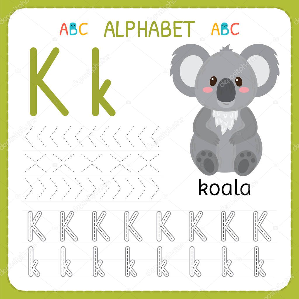 Alphabet tracing worksheet for preschool and kindergarten. Writing practice letter K. Exercises for kids