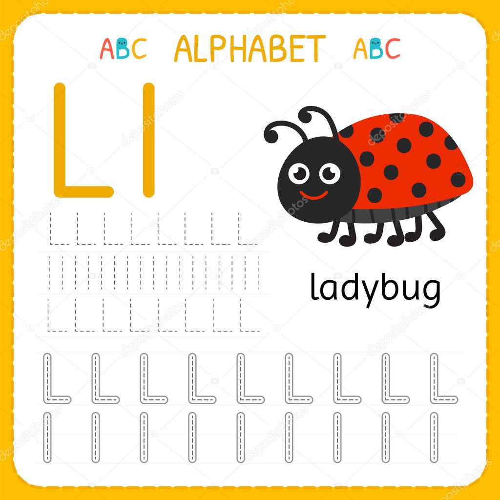 Alphabet tracing worksheet for preschool and kindergarten. Writing practice letter L. Exercises for kids