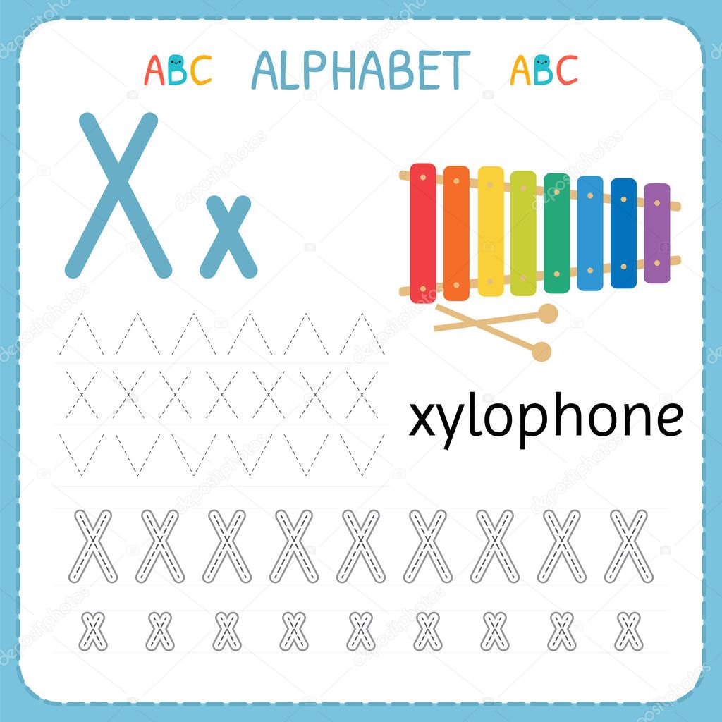 Alphabet tracing worksheet for preschool and kindergarten. Writing practice letter X. Exercises for kids