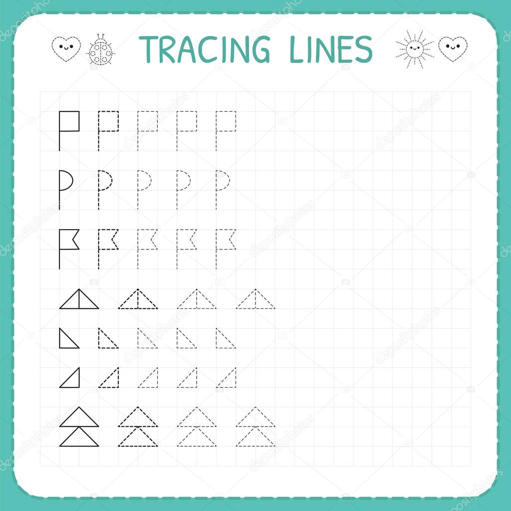 Tracing lines. Worksheet for kids. Trace the pattern. Basic writing. Working pages for children. Preschool or kindergarten worksheets