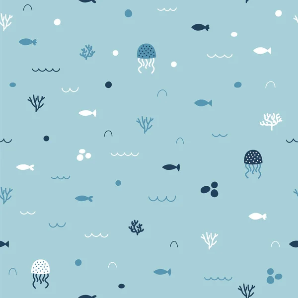 Cute pola mulus kekanak-kanakan dalam gaya kartun. Ikan kecil dan ubur-ubur yang lucu. Latar belakang laut. Tekstur anak. Laut, laut - Stok Vektor