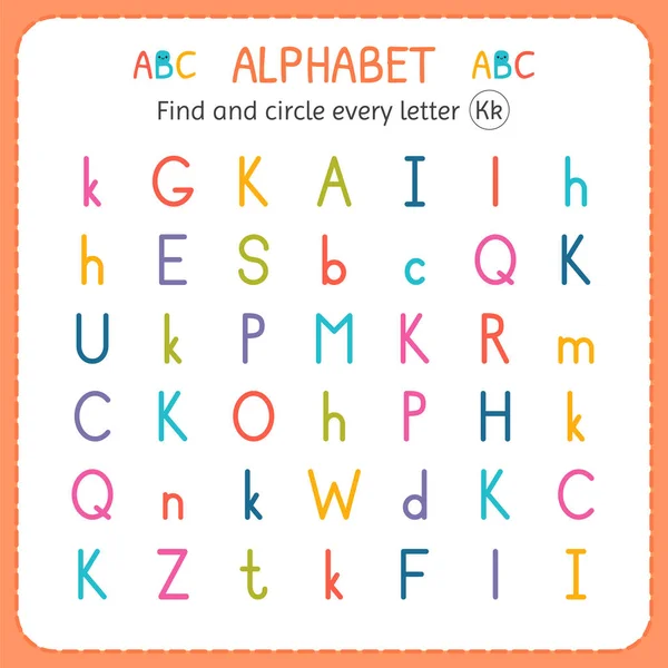 Encontre e circule cada letra K. Planilha para jardim de infância e pré-escola. Exercícios para crianças — Vetor de Stock