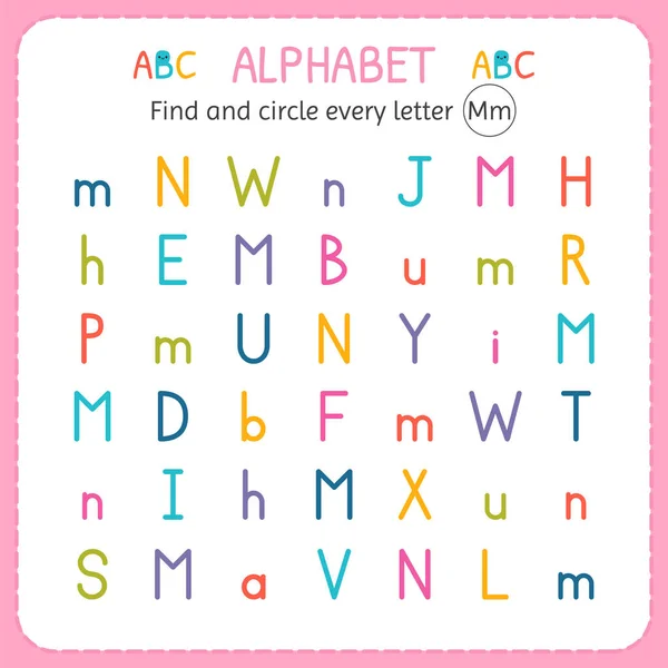 Find and circle every letter M. Worksheet for kindergarten and preschool. Exercises for children — Stock Vector